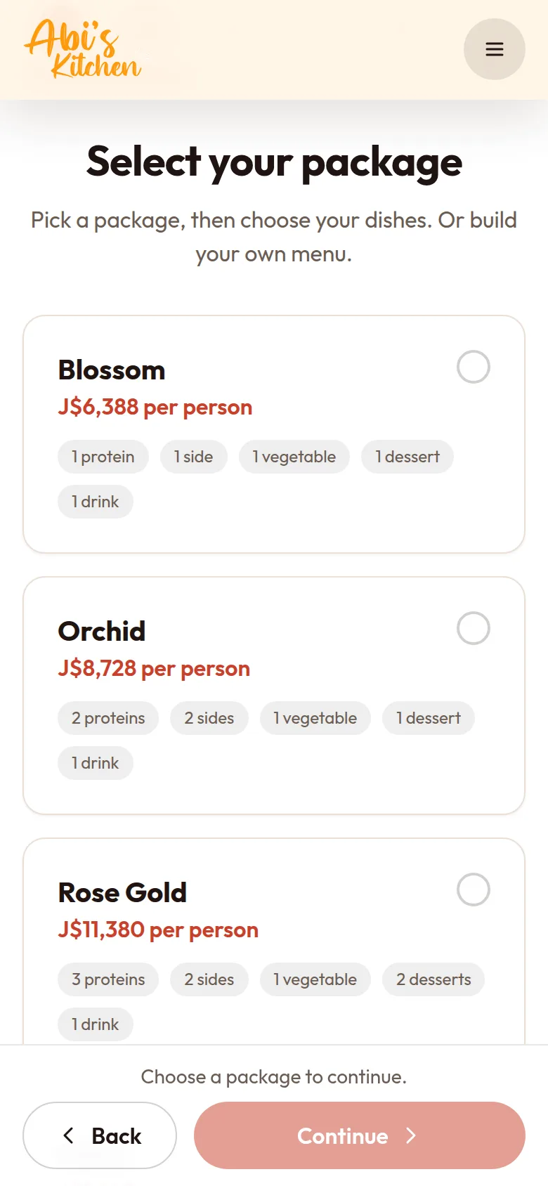 Choosing a package in the quote form